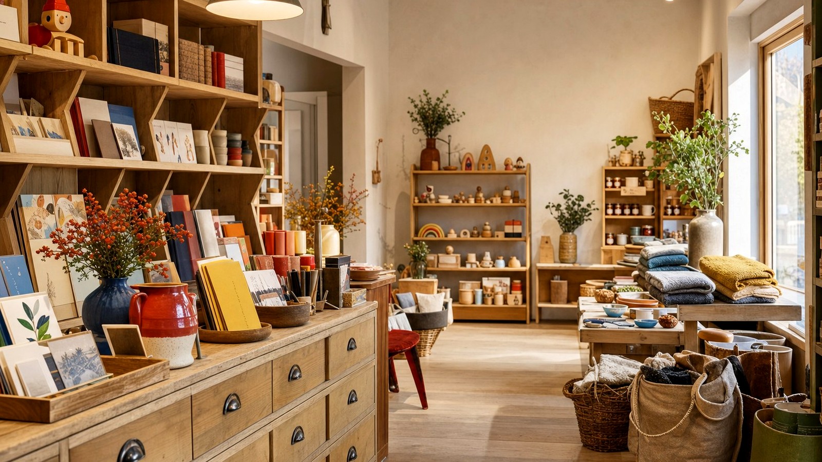 Vitrine locale avec papeterie, idées cadeaux et messages à partager