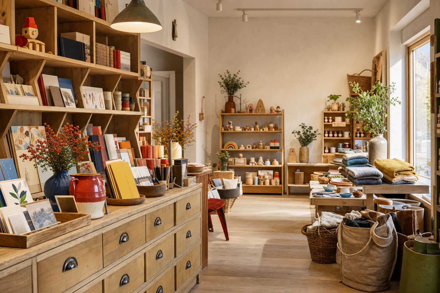 Intérieur chaleureux d’une boutique de cadeaux, livres et papeterie